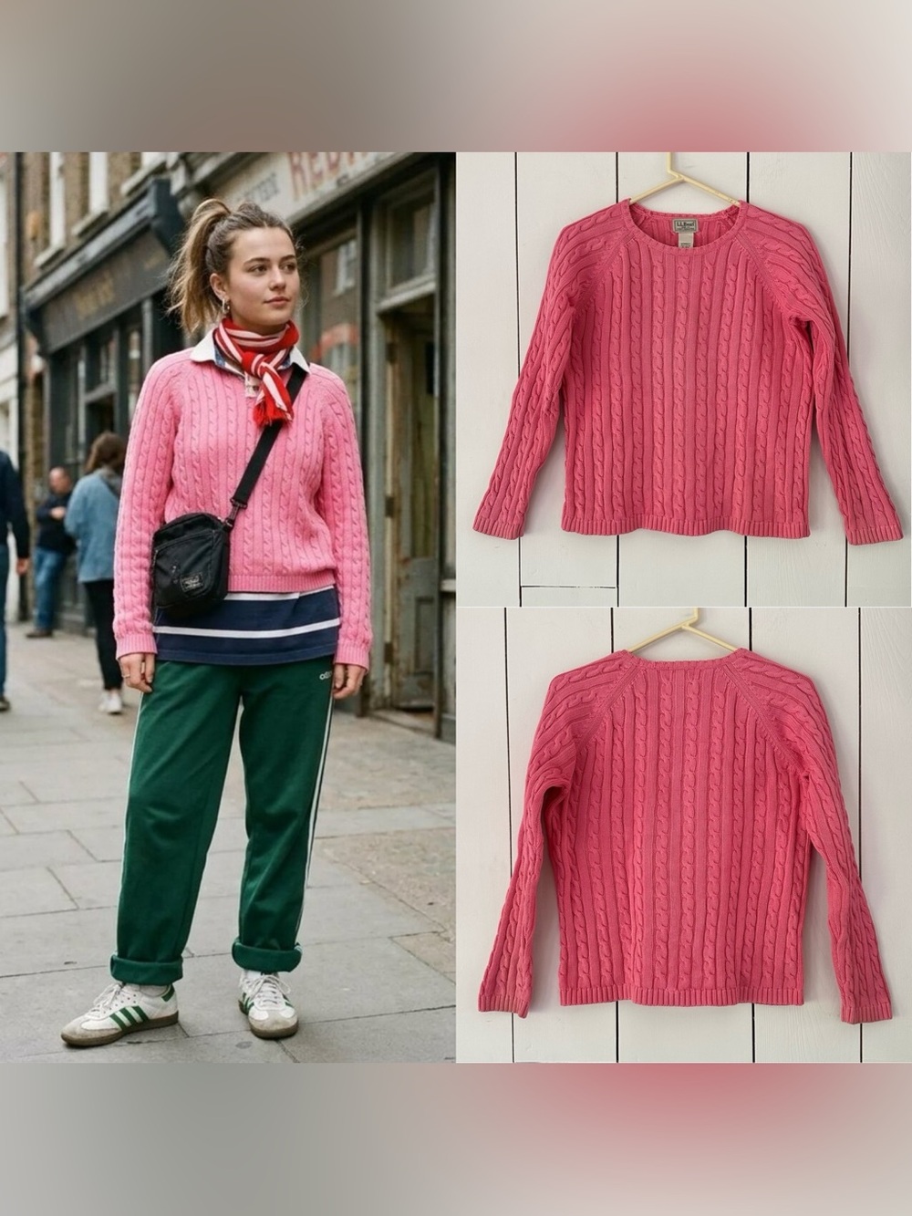Vintage Y2K LL Bean Cable Knit Sweater M Pink Academia Blokette Preppy